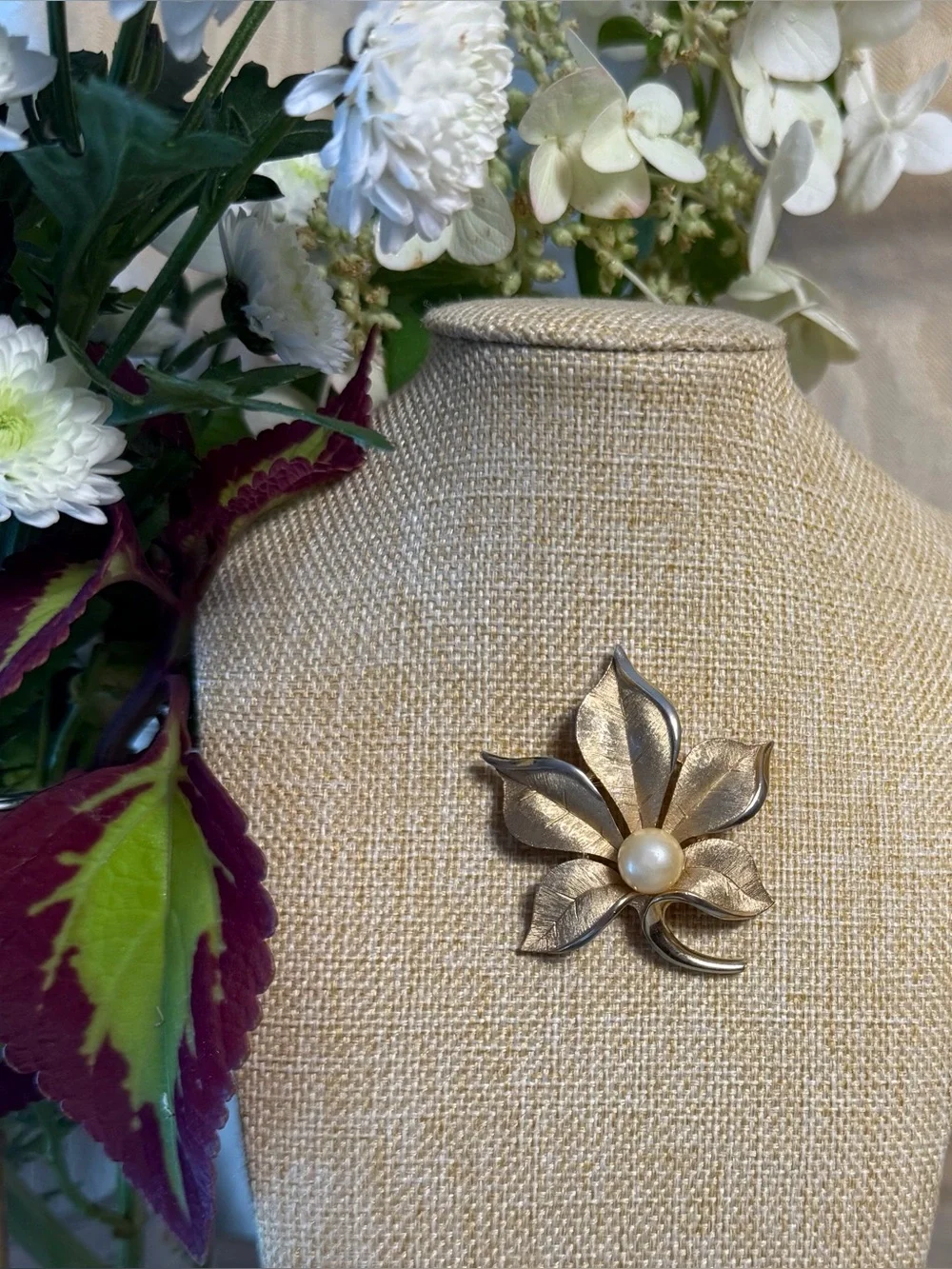 Vintage signed Crown Trifari Brushed Gold-tone Faux Pearl Flower Leaf Brooch Pin